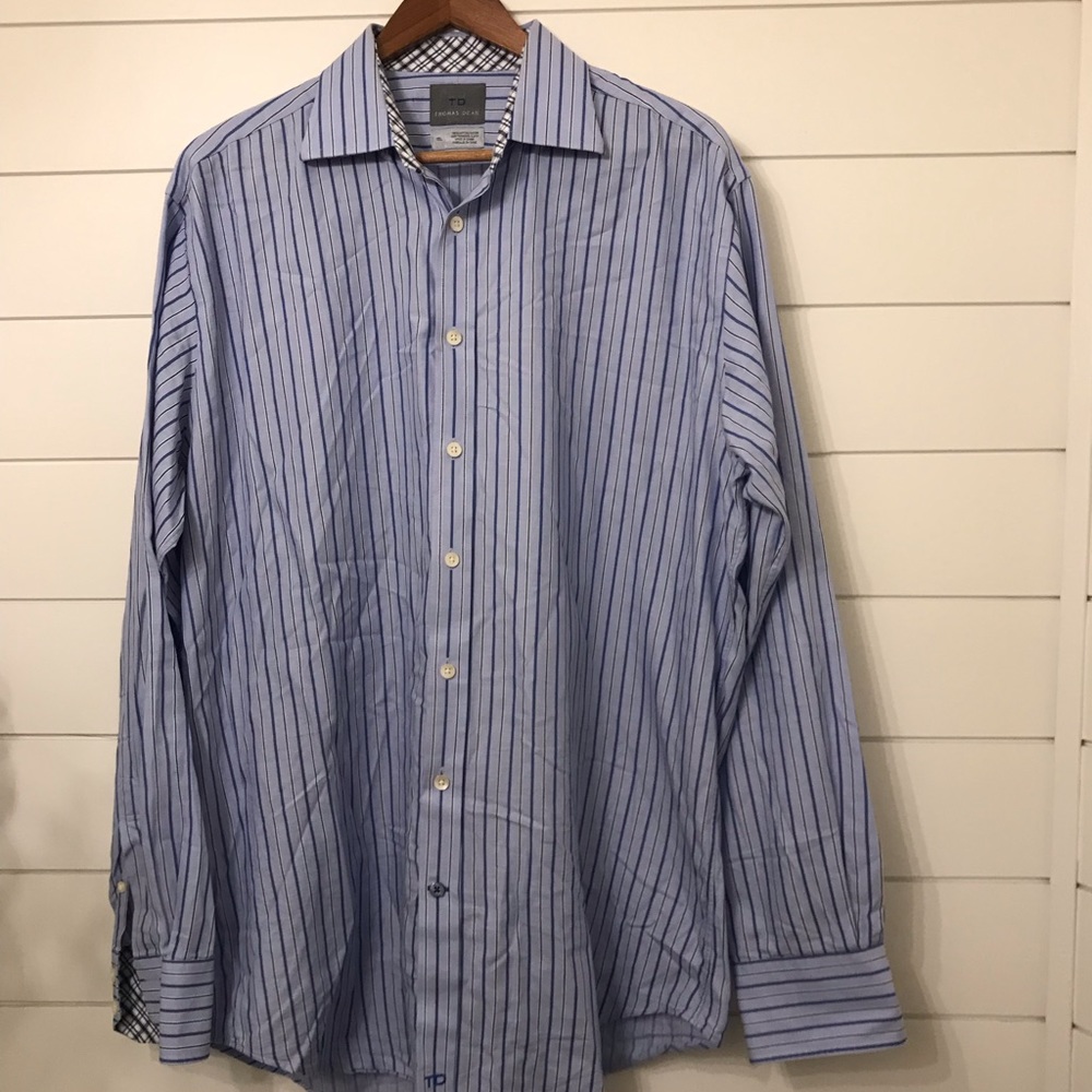 Thomas Dean Blue Striped button down contrast cuff